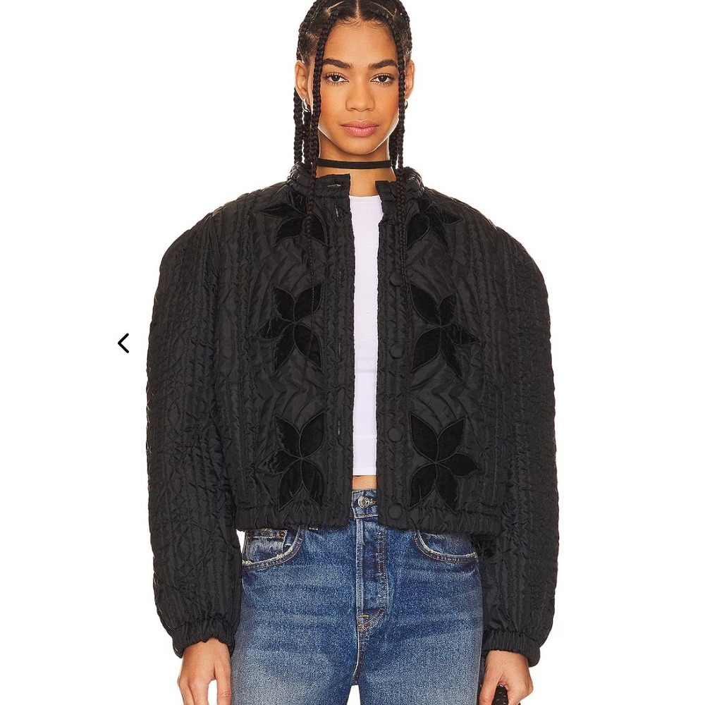 Free People Quinn Quilted Jacket Velvet Floral Applique Jacket Black Women Sz L